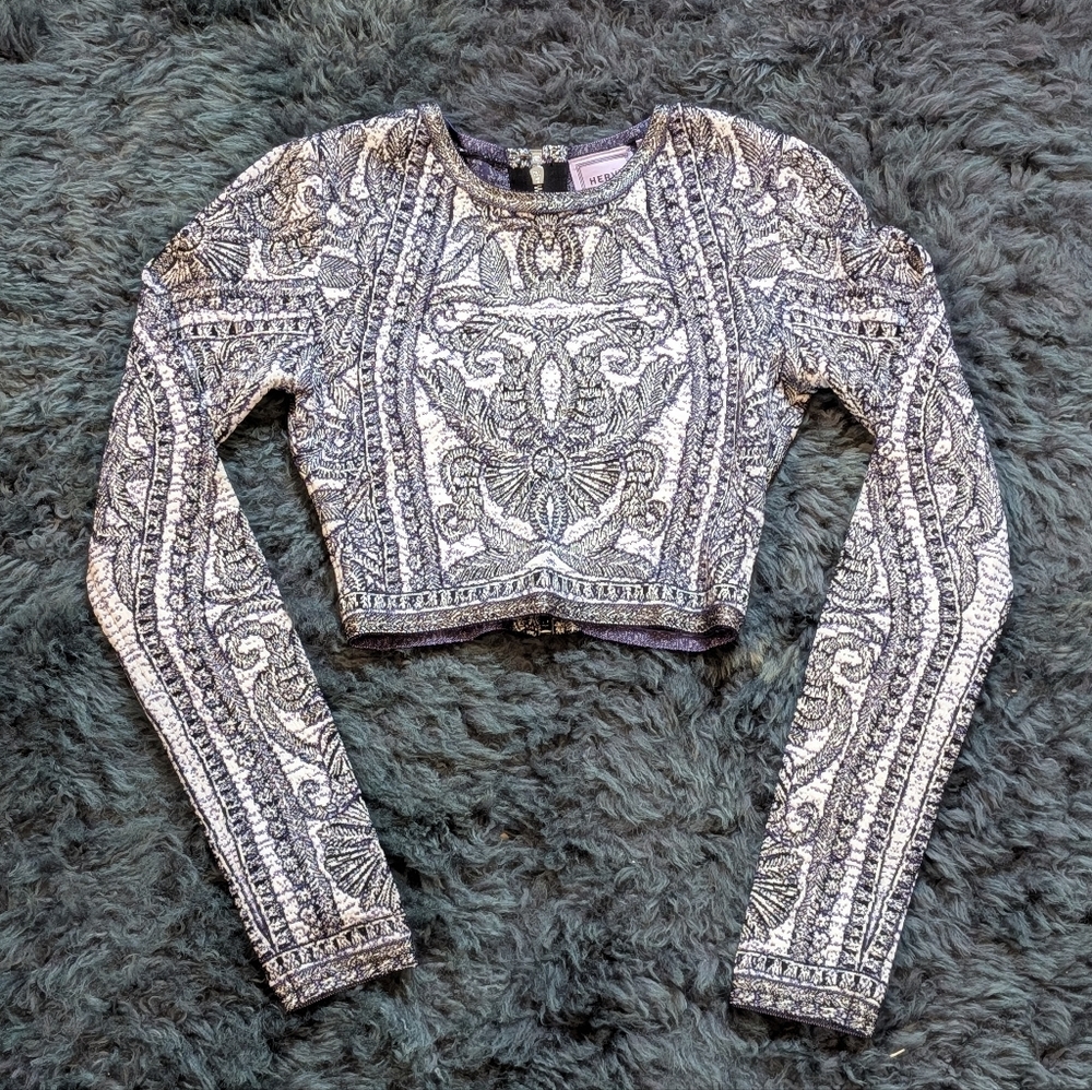 Herve Leger crop long sleeve knit top, zip back, sz S
